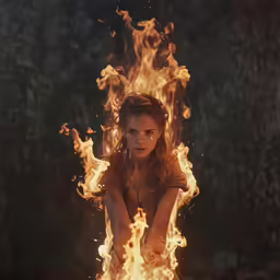 a woman stands next to a large fire with her arms over her head