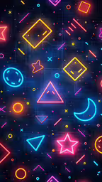 this is a colorful neon poster with various objects,a neon wallpaper with many different shapes