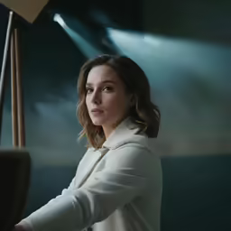 a girl looking down at the lights behind her