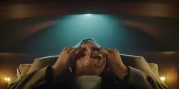 a man in a room with one hand covering his face