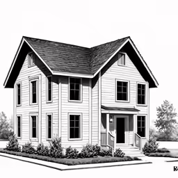 a white house with a brown roof and several windows