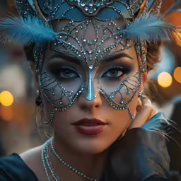a woman wearing blue and silver with feathers