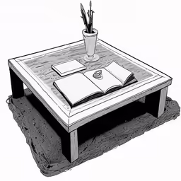 an open book, cup with flower and two pens on top of a small wooden table