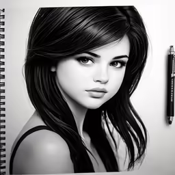 an artistic drawing of a girl with long black hair and blue eyes