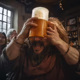 man smiling while holding up a beer mug