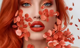 a beautiful woman with bright orange makeup, red flowers in her hair and red lipstick