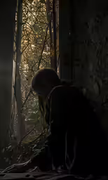 a person kneeling down in the dark