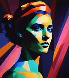 a woman is in a colorful abstract portrait,a painting of a woman with her hair pulled back