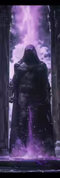 the man in a cloak standing by an open doorway,a character from batman, as the villain looks on