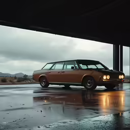 a car parked on the side of the road in a rain covered parking lot