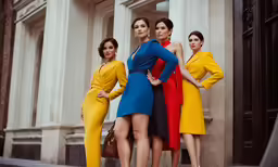three women in dresses, all standing by a building