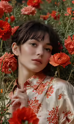 woman in white top with orange flowers behind her