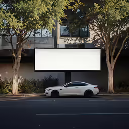 a car is parked on the curb under an billboard