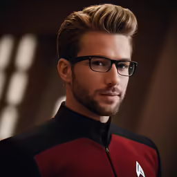 a man in a black and red outfit poses for the camera