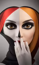 a woman with makeup on her face has her hands to her chin