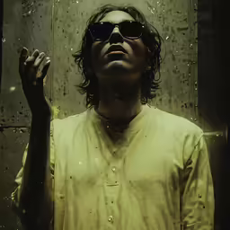 a man with sunglasses smoking in front of a bathroom mirror