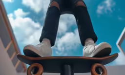 a young skateboarder in white shoes is doing a trick