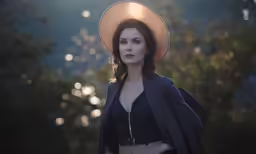 the woman wearing a hat stands in a tree - lined path