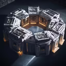 a futuristic building surrounded by lots of lights
