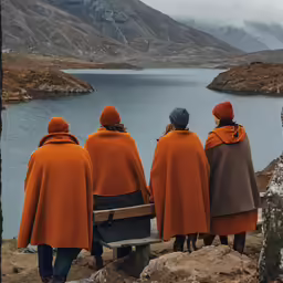 three people in orange and black standing and looking at the mountains