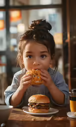 a little girl holding food in her hands, looking down