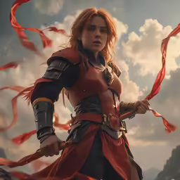 a woman standing next to a cliff and waving a red ribbon
