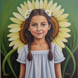 a portrait of a little girl with a sunflower on her head