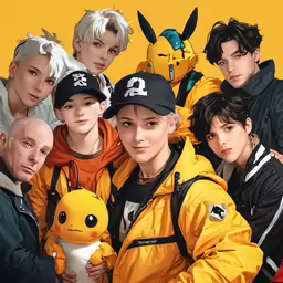 group of people posing for the camera while all wearing pikachu hats