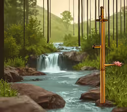 a beautiful, small stream in the middle of a lush green hillside,an artistic photo of stream with waterfall