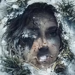 the woman is looking at something in her eyes