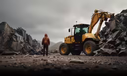 two men standing in the foreground as a dump truck pulls it along a large pile of rocks