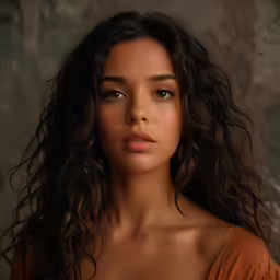 a woman with long, wavy hair standing in front of a wall