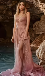 a woman wearing a sexy pink gown by a pool