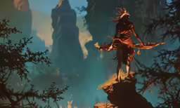 a painting of a woman standing on a cliff by some trees