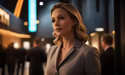 a woman in a suit standing on the street