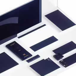 various types of black and white items displayed on display
