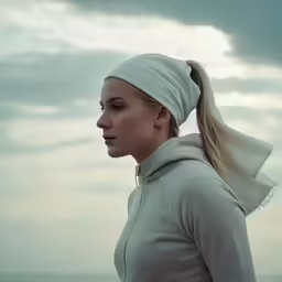 a woman standing in front of the ocean under a cloudy sky