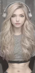 a blonde haired girl with headphones and grey dress