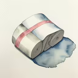 a roll of toilet paper lying on top of water,the rolled up yoga mat is on top of a blue substance