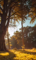 some trees and yellow grass at sunset