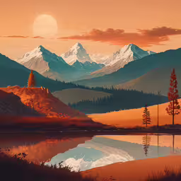 an artistic painting of a sunset in the mountains,an image of a painting of some mountains with trees