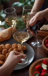 a table with some plates and glasses of wine