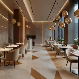 a restaurant with tables, chairs, and lamps