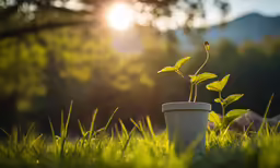 plant growing out of a coffee cup in a field