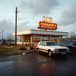 a van parked in front of a large restaurant
