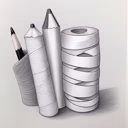 pencil drawing of different types of toilet paper and some pencils,pencil drawing of a bunch of rolls of paper and some pens