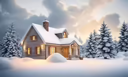 a snowy scene with a house and trees