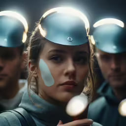 a woman in an image of a group of people with different helmets