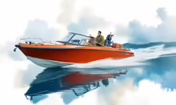 people are riding on the front of a speed boat