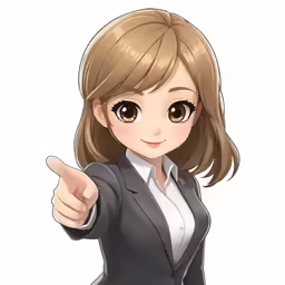 an anime woman pointing her finger towards the camera